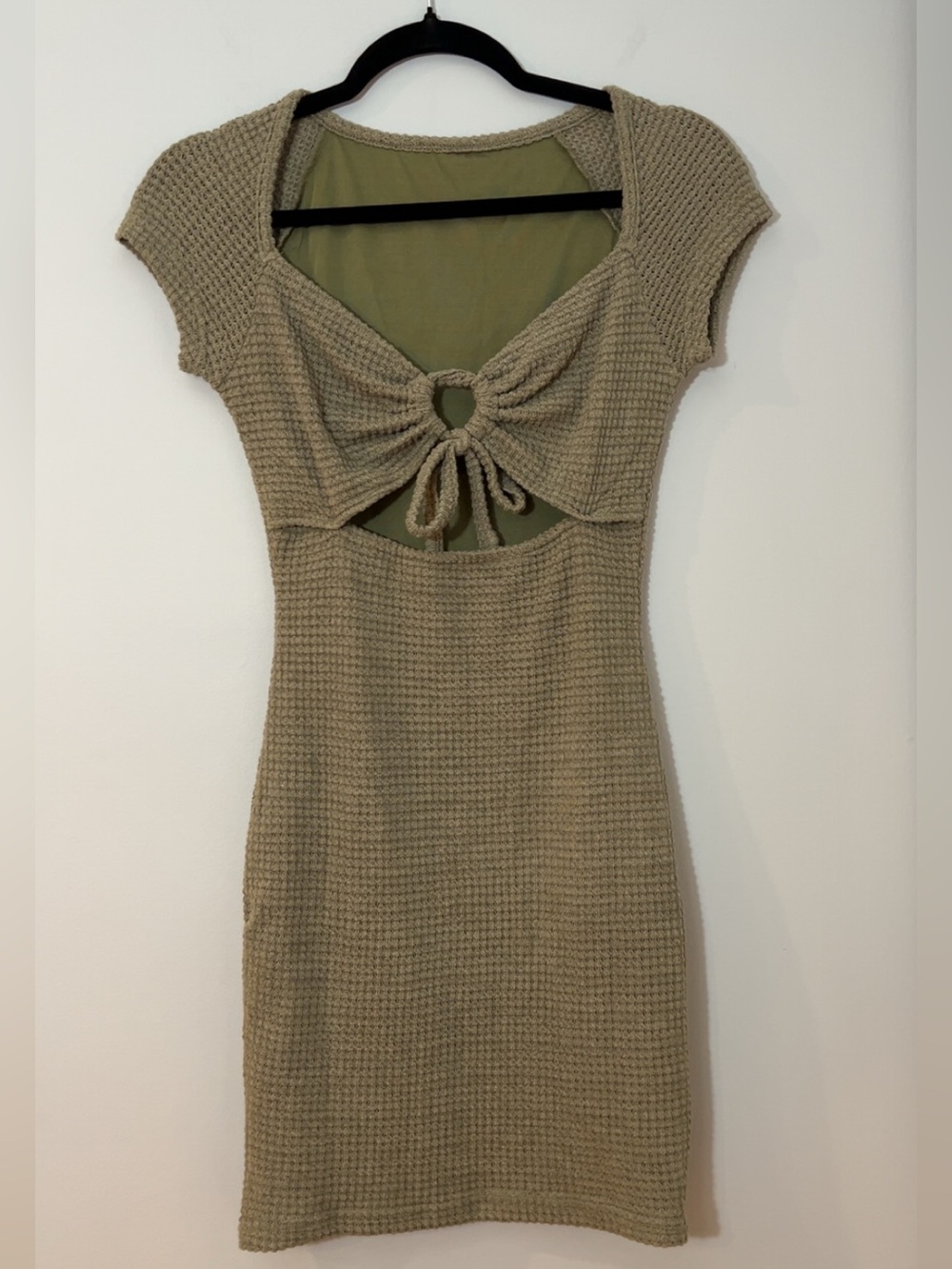 Women's Waffle Knit Cutout Dress in Olive Green